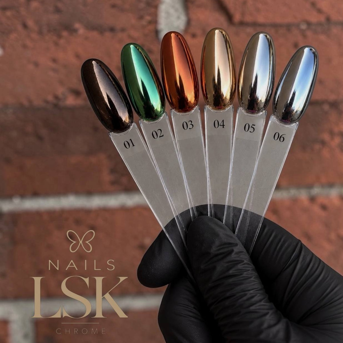 Nuancier des 6 poudres chrome Nails LSK, teintes 01 à 06 en effet miroir